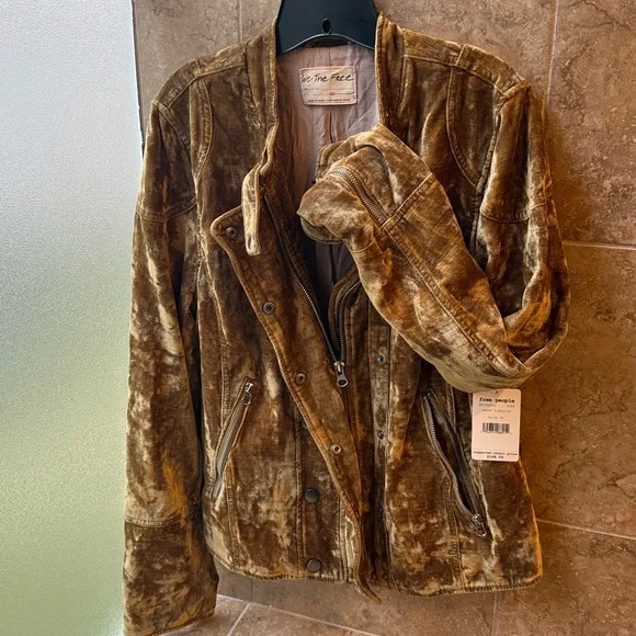 Free People Dusk To Dawn Military Jacket Velvet Moto Sz XL NWT We The Free Gold - Picture 2 of 15